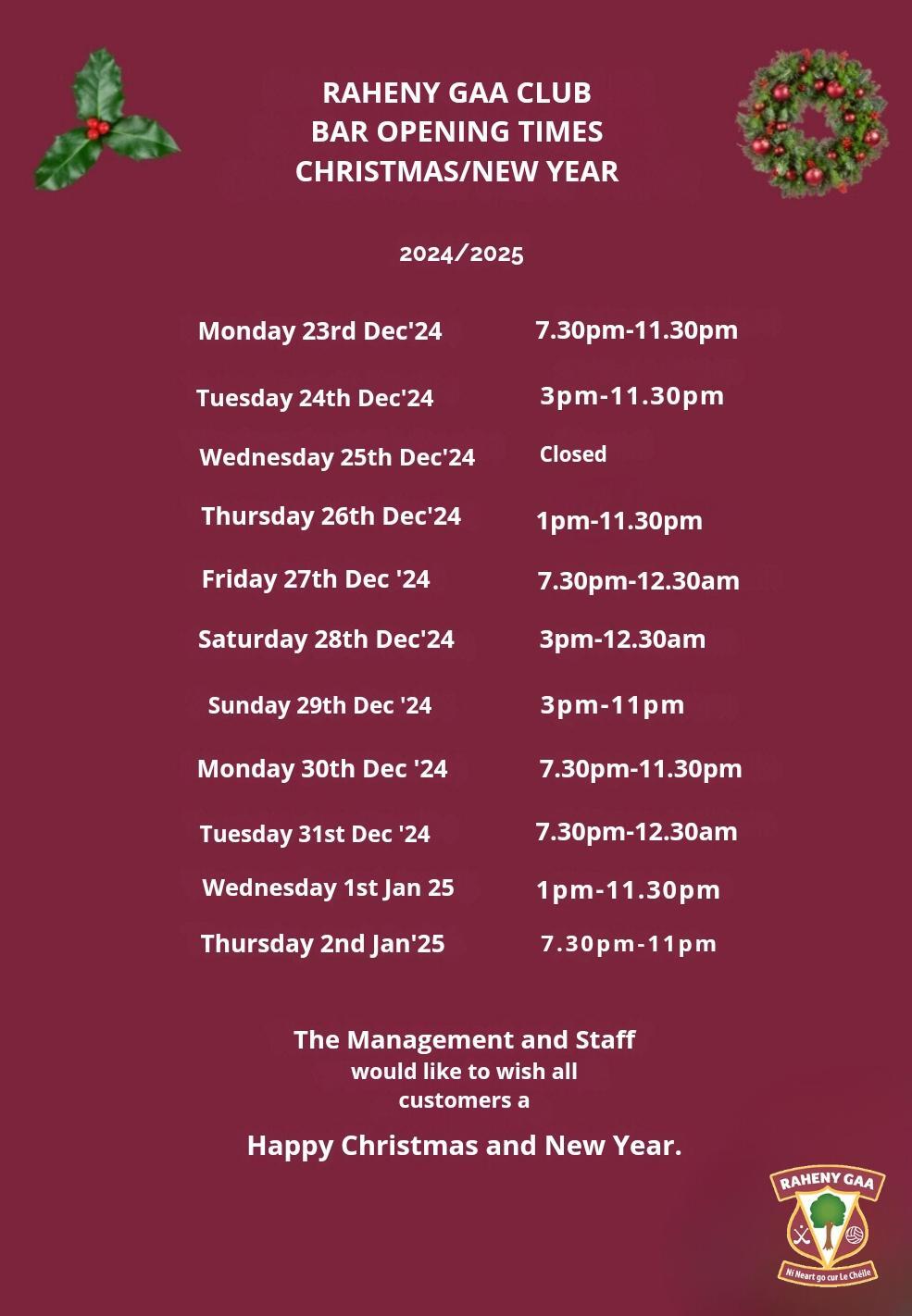 Bar Opening Hours Christmas 2024